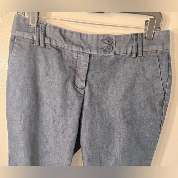 editor,6, indigo blue wide leg capri w/a slight satin finish offset button close - Picture 7 of 7